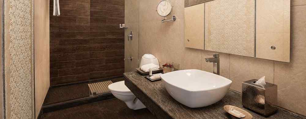 An image featuring a washroom, a big mirror,  the glass separator for bath area - The Naini Retreat, Nainital.