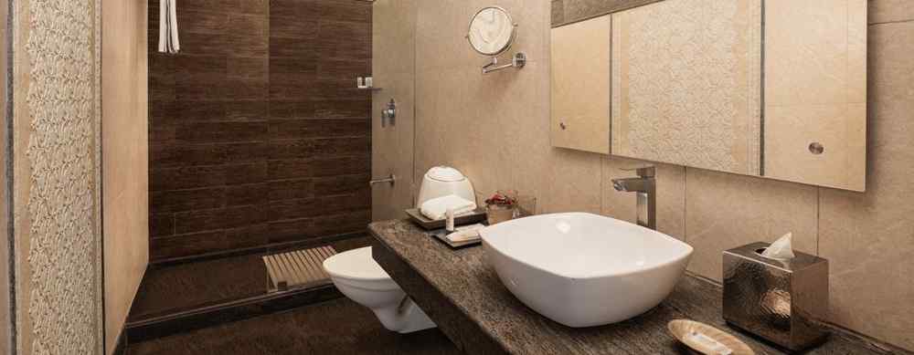 An image featuring a washroom, a big mirror,  the glass separator for bath area - The Naini Retreat, Nainital.